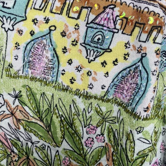 CAREN BROOK Top Beaded 3/4 Sleeve Artsy Watercolor Foliage Horse Blouse Womens L - Picture 9 of 12